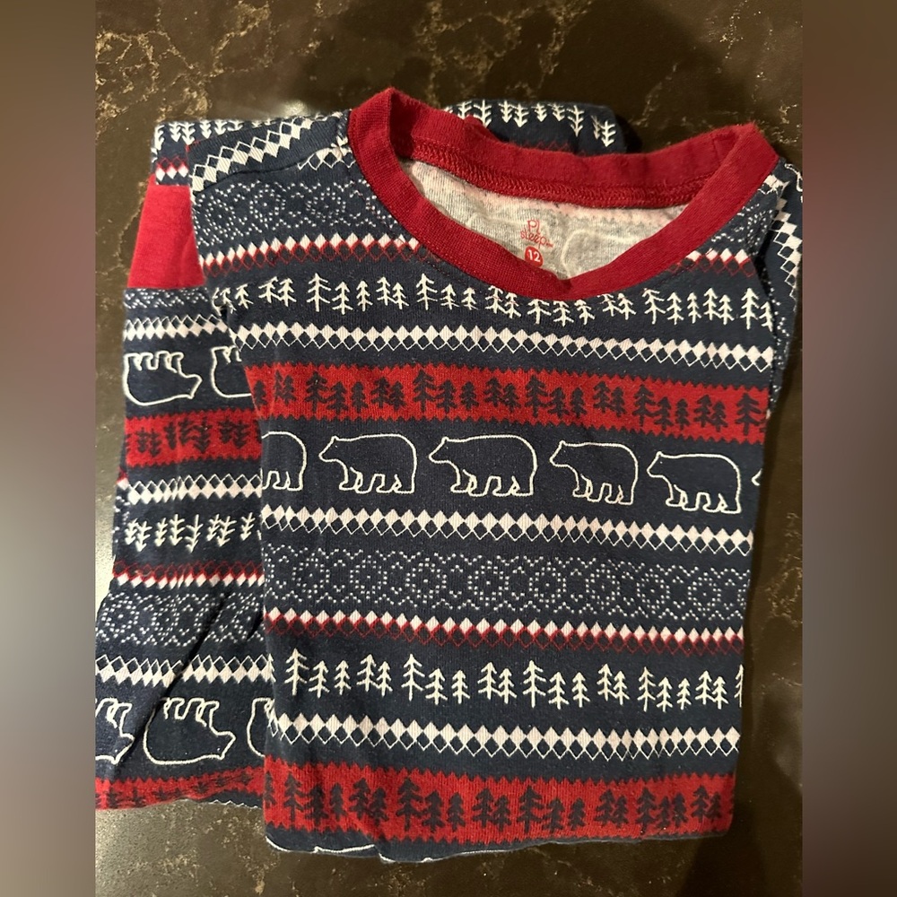 PL SLEEP Boys Size 12 Set of Pajamas Navy Blue & Red Polar Bears & Fir T…